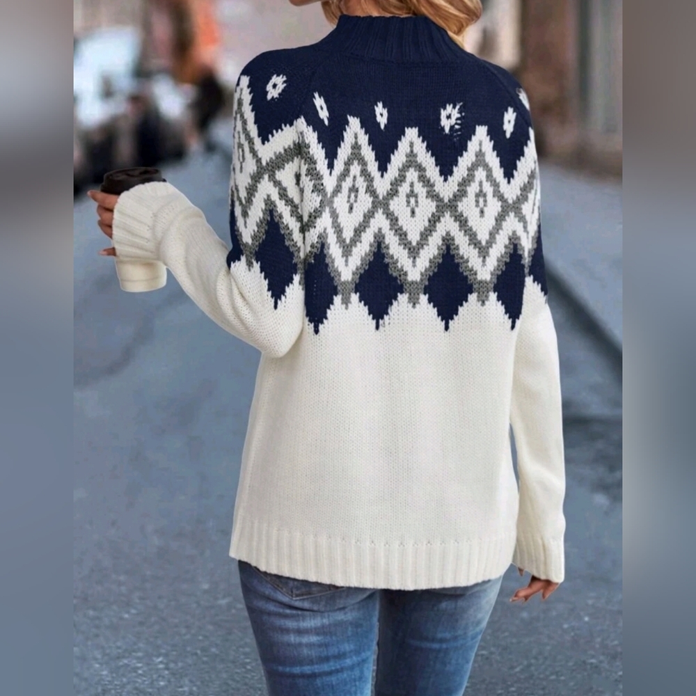 NEW Fair Isle Knit Sweater Mock Top Navy Blue Off White Gray - Picture 4 of 8
